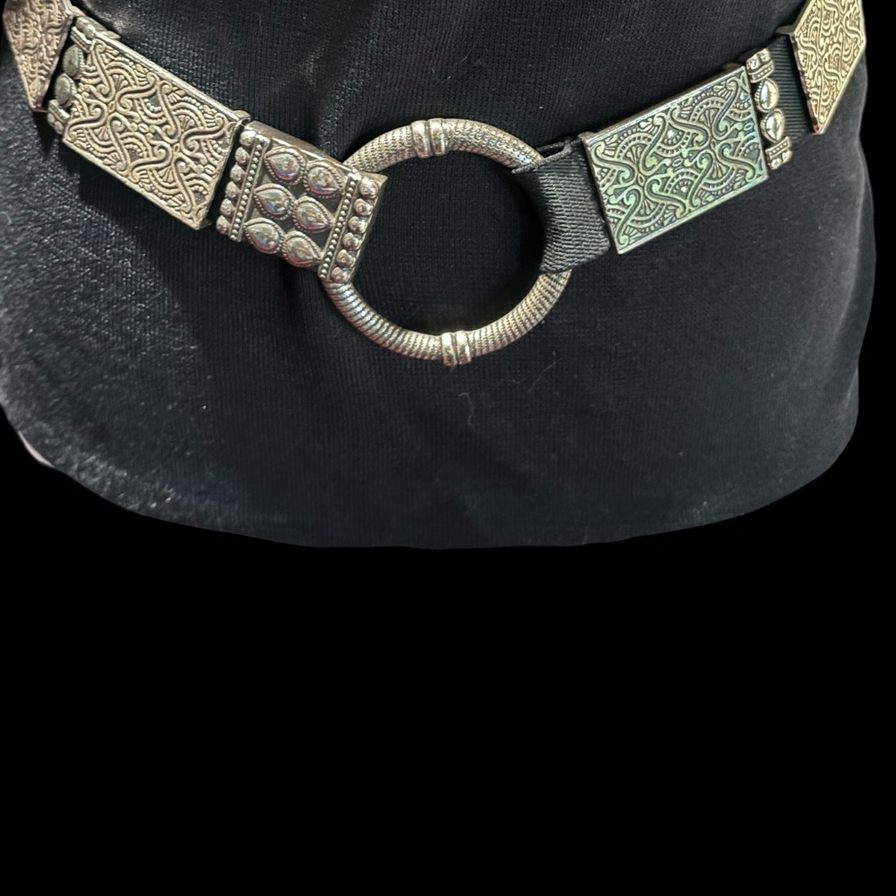 Chico’s Boho Elasticized Belt W/Silver Rectangular Embellishments- Black Band